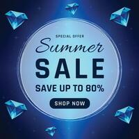 Summer Sale Banner with Glittering Diamonds and Sparkles Background Illustration. vector