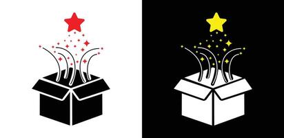 Open Box with Sparkling Stars Unboxing Silhouette Symbol Inspiration and New Ideas. vector