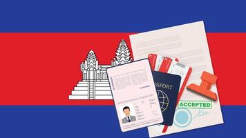 Visa to Cambodia and Passport. Cambodian Flag Background. vector