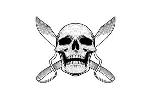 skull and sword line art illustration pirate symbol with engraving style vector