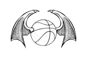 line art illustration of a basketball with bat wings in a carved style vector