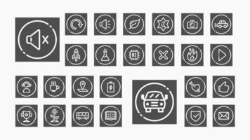 A sleek outline icon set with a dark UI theme, perfect for tech interfaces, apps, automotive, media, communication, and science features. vector