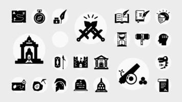 A bold solid icon collection illustrating history, archaeology, war relics, and ancient cultures. Ideal for apps, infographics, or learning tools. vector