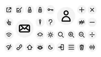 Minimal outline icon set for UI elements like navigation, brightness, security, search, math symbols, and general app functions. vector