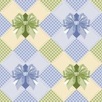 seamless patchwork pattern with a mix gingham check, and hand drawn ribbon bows in soft pastel tones of green, blue, and cream vector