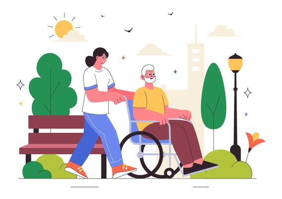 Caregiver and Old Age Support Illustration in a Nursing Home Flat Background