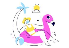 Flat Style Summer Adventure Featuring Sea, Beach Games, and Exotic Leaves in a Playful Cartoon Scene vector