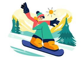 Flat Design Illustration of Winter Snowboarding Scene with People Doing Tricks on the Slopes vector