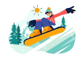 Winter Snowboarding Adventure Illustration with People Performing Tricks on a Snowy Mountain in Flat Cartoon Style vector
