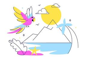 Hello Summer Holiday with Seaside Activities, Sky Blue Background, and Jungle Leaves in Cartoon Style vector