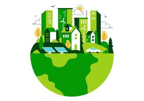 Flat Style of Eco City Featuring Skyscrapers and Green Technology Integration vector