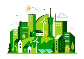 Panoramic View of a Sustainable Green City with Skyscrapers and Parks in Flat Design vector