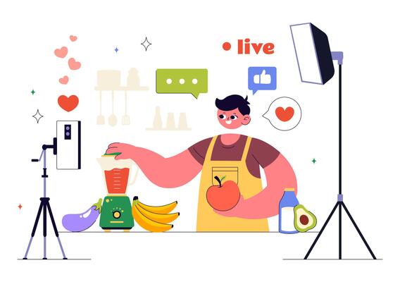 Young People Creating Cooking Content for a Blog and Vlog at Home in Flat Cartoon Style