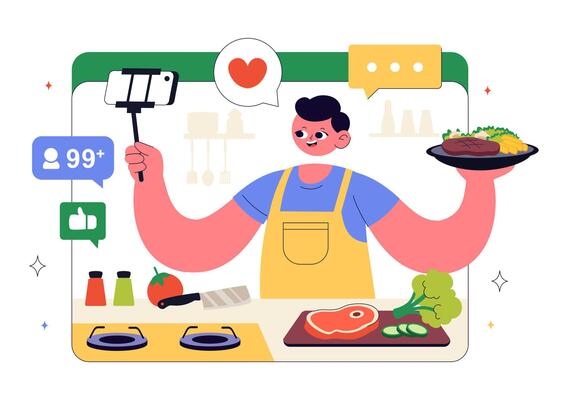 Modern Cooking Blog Scene with Youth Creating Food Videos at Home in Flat Cartoon Background