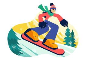 Snowboarding Scene Illustration with Cool Tricks and Snowy Landscape in Flat Design vector