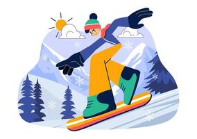 Cartoon Style of Snowboarding Enthusiasts Enjoying Winter Adventures on the Mountains vector