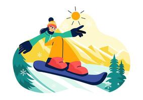 Flat Style Illustration of Snowboarders Gliding and Jumping on a Winter Mountain Slope vector