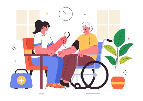 Illustration of Elderly Support Services with Caregiver and Senior Lifestyle in Flat Cartoon Style