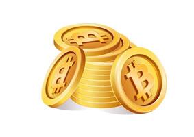 Stack of three dimensional golden Bitcoin coins symbolizing cryptocurrency wealth, investment, and financial growth vector