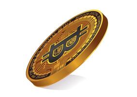 Angled view of a Bitcoin coin highlighting its intricate design and digital features in a sleek representation vector