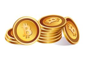 Piled three dimensional golden Bitcoin coins illustrating cryptocurrency wealth, investment potential, and financial growth vector