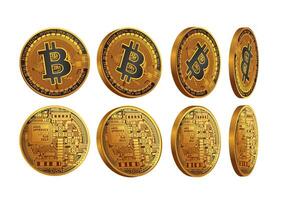 Showcase of Bitcoin coins detailed with circuitry and logos from various angles to emphasize their digital features and design vector