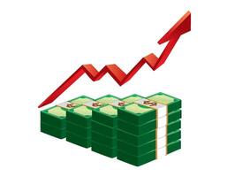 Stacks of cash accompanied by an upward trending arrow representing financial growth and investment success in a clear graphic design concept. vector