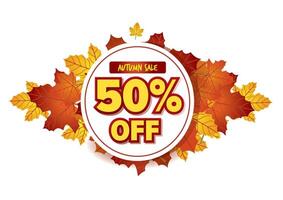 Autumn sale banner displaying 50 percent off with colorful fall leaves surrounding it. Seasonal promotional concept vector