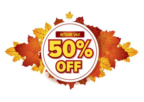 Autumn sale banner displaying 50 percent off with colorful fall leaves surrounding it. Seasonal promotional concept