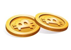 Two Bitcoin coins displayed at an angle to highlight their design and the unique symbol of digital currency vector