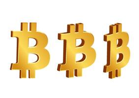 Set of three golden Bitcoin symbols in 3D, showcasing wealth and investment potential in cryptocurrency vector
