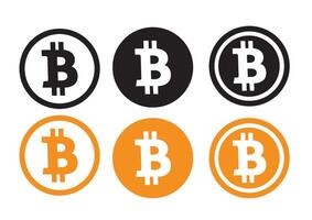Collection of Bitcoin logos in contrasting colors including black, white, and orange, ideal for cryptocurrency branding vector