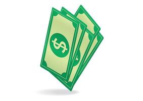 Fanned stack of three green dollar bills prominently displaying a dollar sign, symbolizing cash flow and financial transactions with a clean background vector