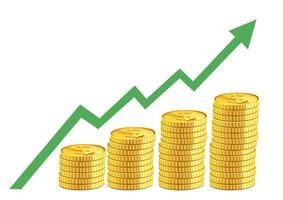 Visual representation of stacked gold coins alongside an upward trend line illustrating financial growth and success in a clear and engaging design concept. vector