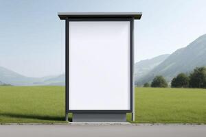Blank advertising billboard mock up situated in a green field with mountains in the background, providing ample copy space for promotional content and creative designs photo
