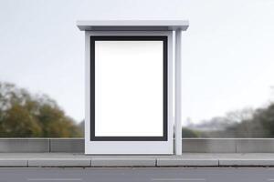 Empty bus stop mock up with blank advertising space, situated along a quiet street, surrounded by trees and soft natural light, ideal for promotional designs and creative projects photo