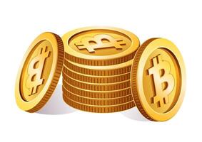 Golden Bitcoin coins stacked together vector