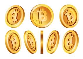 A diverse display of shiny Bitcoin coins presented from different angles to emphasize their 3D features and branding vector