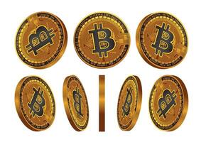 Collection of Bitcoin coins shown in various orientations to highlight their detailed design and digital attributes vector