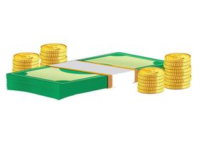 Illustration of a bundle of cash with gold coins stacked around it, symbolizing wealth and financial security in a clean design. Finance concept vector