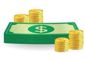 Illustration of a stack of cash accompanied by piles of gold coins representing financial growth and prosperity in a clear design. Money concept vector