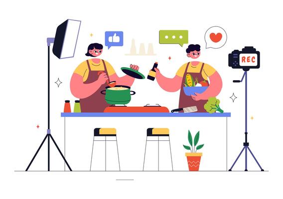 Homemade Recipe Tutorial by Youth Cooking and Recording in a Flat Cartoon Style