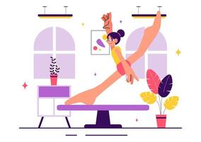 Artistic Gymnast Practicing with Props in a Cozy Home in Flat Cartoon Style vector