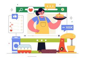 Flat Cartoon of a Cooking Blog Scene with Youth Preparing and Filming Recipes vector