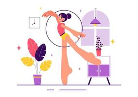 Rhythmic Gymnast Performing at Home with Ribbon in a Flat Cartoon Background vector