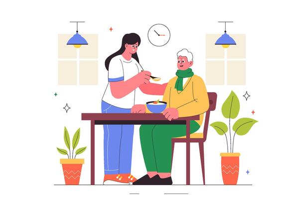 Elderly Life Support Illustration with a Caregiver Helping in a Senior Housing Environment
