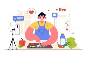 Home Cooking Vlog Scene with Youth Preparing Meals and Recording in Flat Style vector