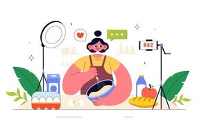 Food Vlogging Illustration with Teenagers Filming a Recipe Tutorial in a Cozy Kitchen vector