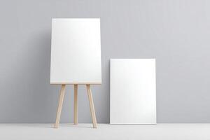 Blank canvas on easel and flat surface, showcasing minimalistic design elements, perfect for mock up presentations and creative projects with copy space for text or graphics photo