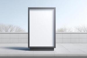Blank advertising billboard mock up with copy space on a modern urban sidewalk, surrounded by minimalistic architecture and trees in the background, ideal for promotional designs photo